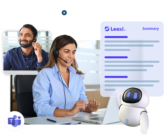 Business professionals using headsets on a Microsoft Teams call with Leexi AI generating an automated meeting summary, illustrating Elite Group's AI-powered unified communications and contact centre solutions
