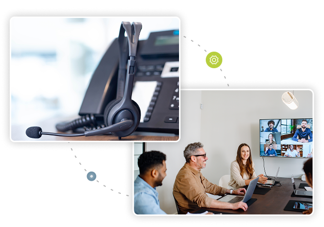 A collage showing a VoIP desk phone with headset alongside a team participating in a video conference call, illustrating Elite Group's business communication and unified communications solutions