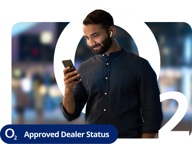 A business professional using a smartphone with wireless earbuds, representing Elite Group's O2 approved dealer status for business mobile plans and devices