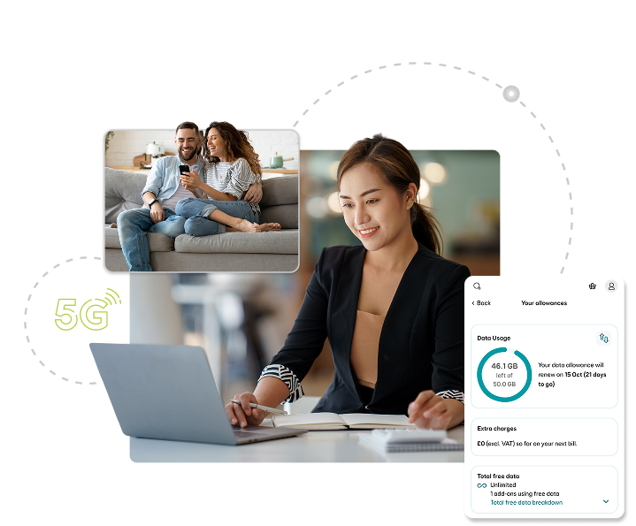 A business professional and home users connected via 5G, alongside a data usage dashboard, illustrating the differences between SIP and VoIP communication solutions for businesses